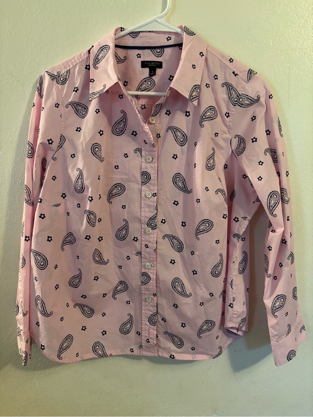 Talbots Pink Button-Down Shirt with Navy Paisley Print